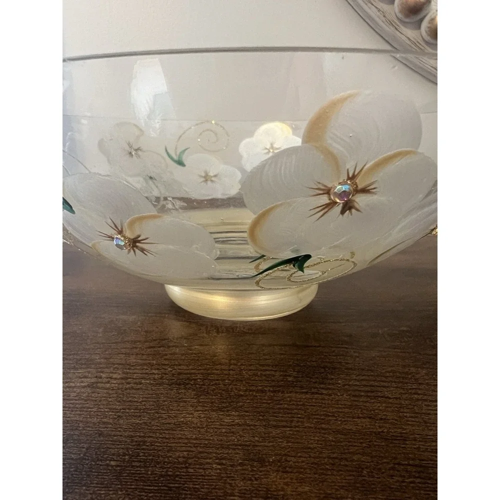 Madigan Australia Hand Painted Art Glass Floral‎ Bowl Gold Rhinestone Cottage